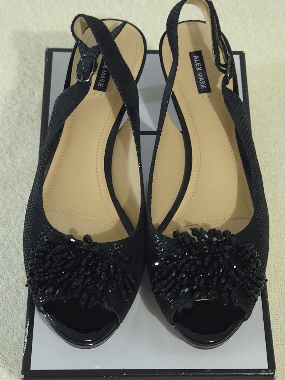 Alex Marie Black Beaded Slingback Peep-Toe Flats